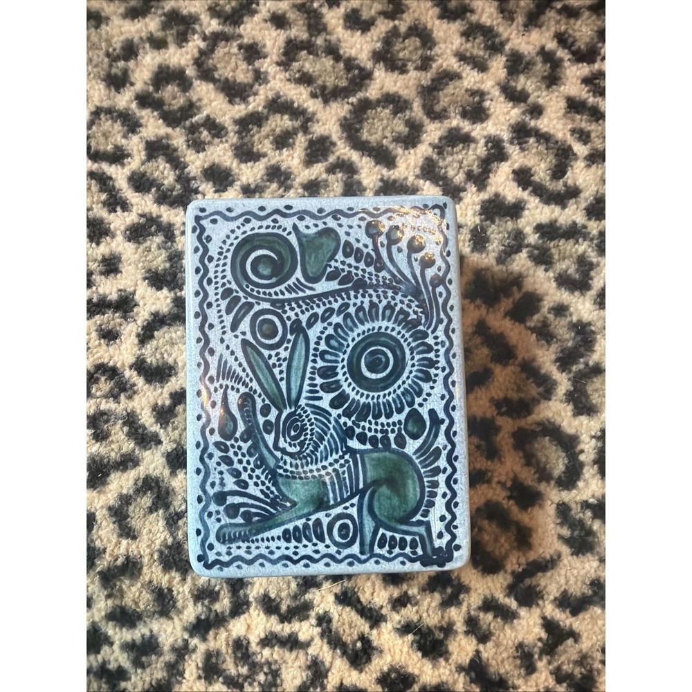 Vintage Felix Tissot Fantasia Lidded Art Pottery Trinket Box Rabbit Bird 5" READ